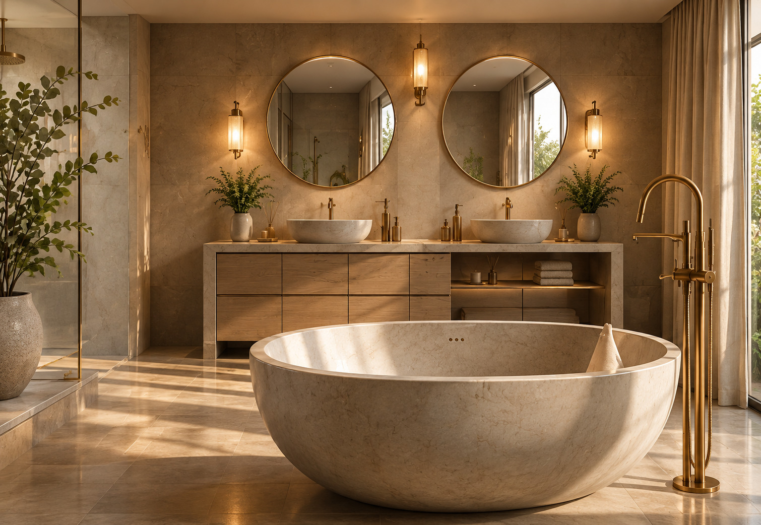 Baño de lujo con tina y acabados en bronce - Stylos en Bronce
