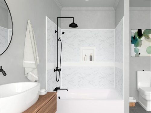 Baño moderno con ducha negra, elegante diseño blanco y detalles sofisticados para espacios de lujo