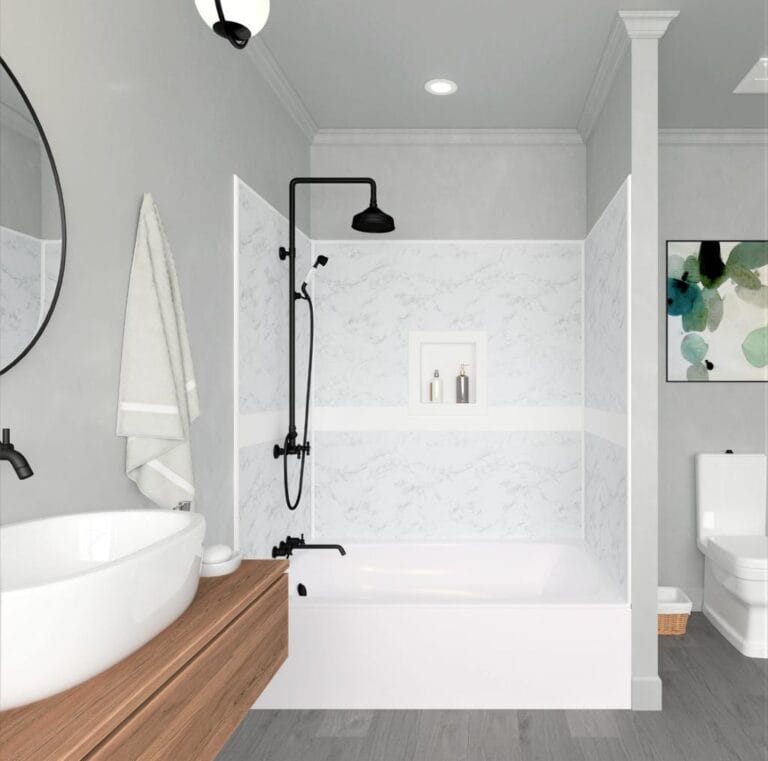 Baño moderno con ducha negra, elegante diseño blanco y detalles sofisticados para espacios de lujo